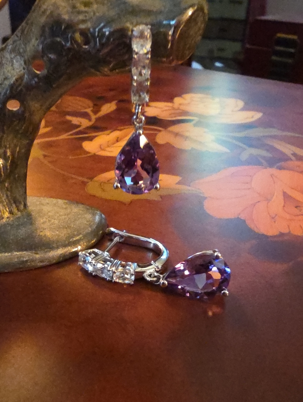 JTV Orchid Amethyst & White Zircon Sterling Silver Dangle Earrings